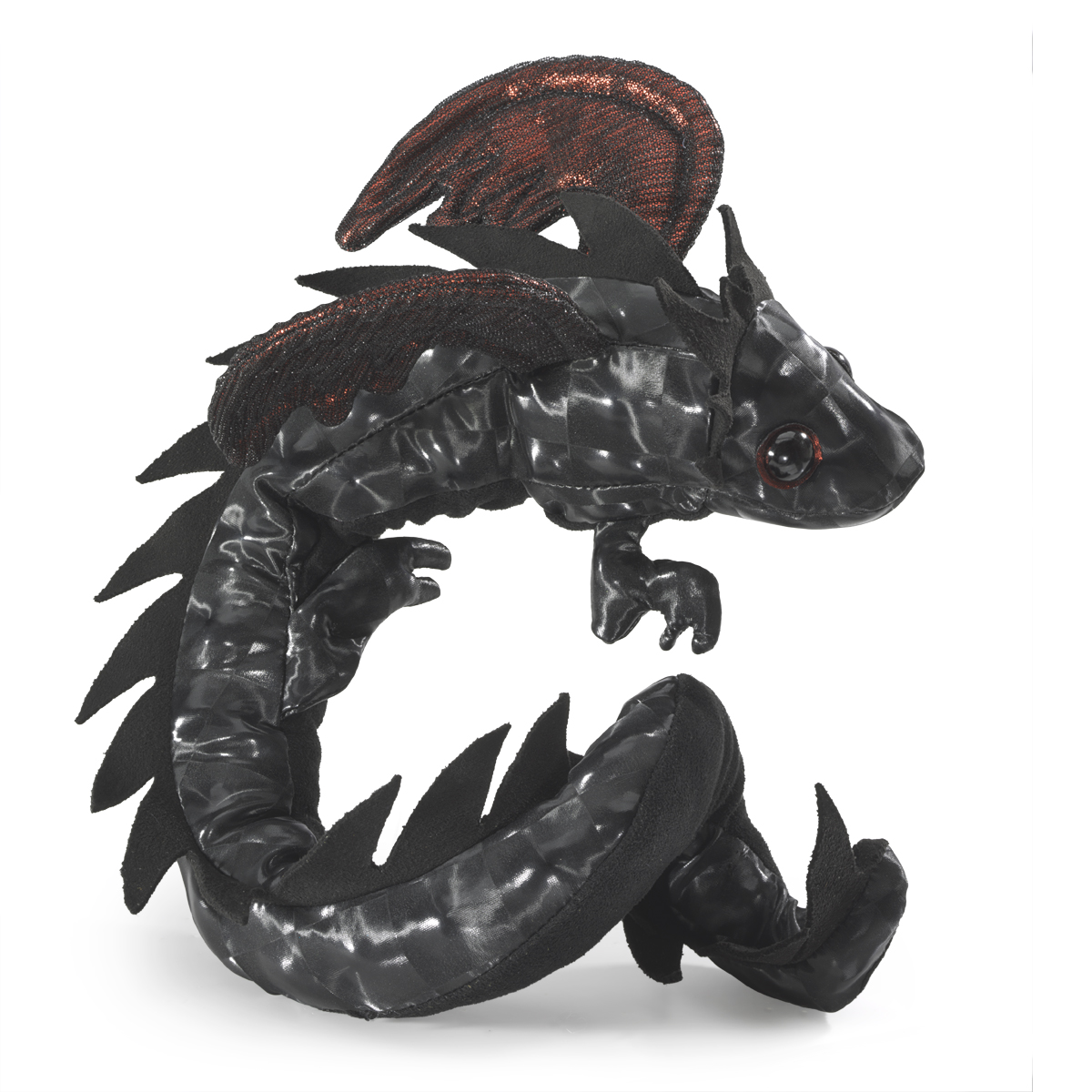 Folkmanis black dragon wristlet finger puppet with a shiny scale pattern, red-shimmering wings and a curled tail