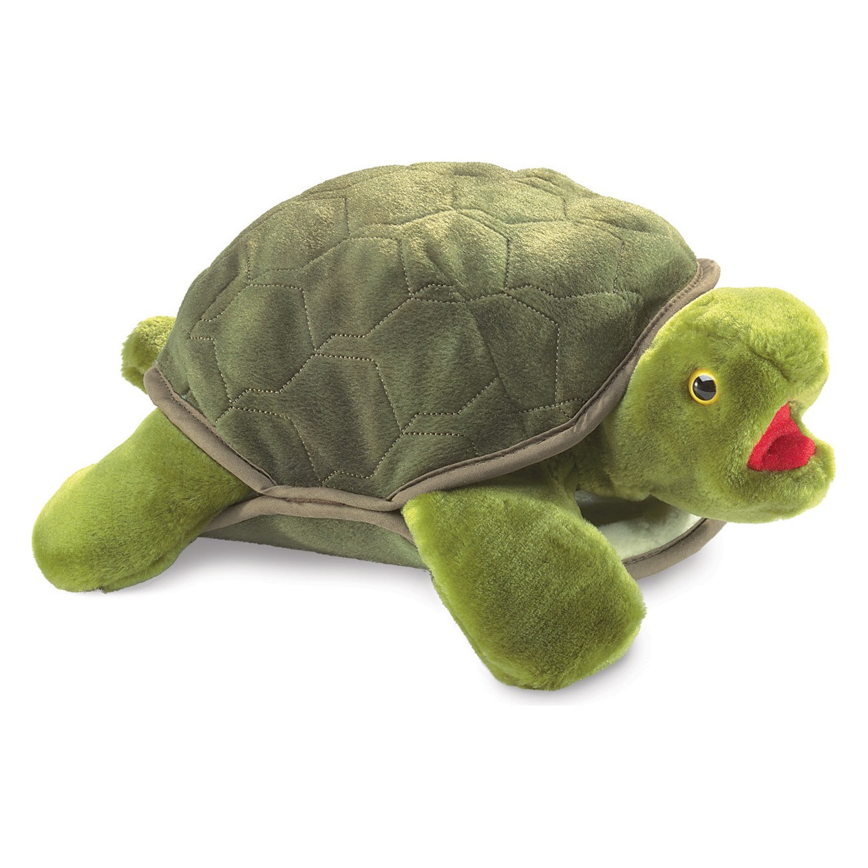 Folkmanis Handpuppe große Schildkröte in Grün mit gestepptem Panzer und geöffnetem Maul, Seitenansicht
