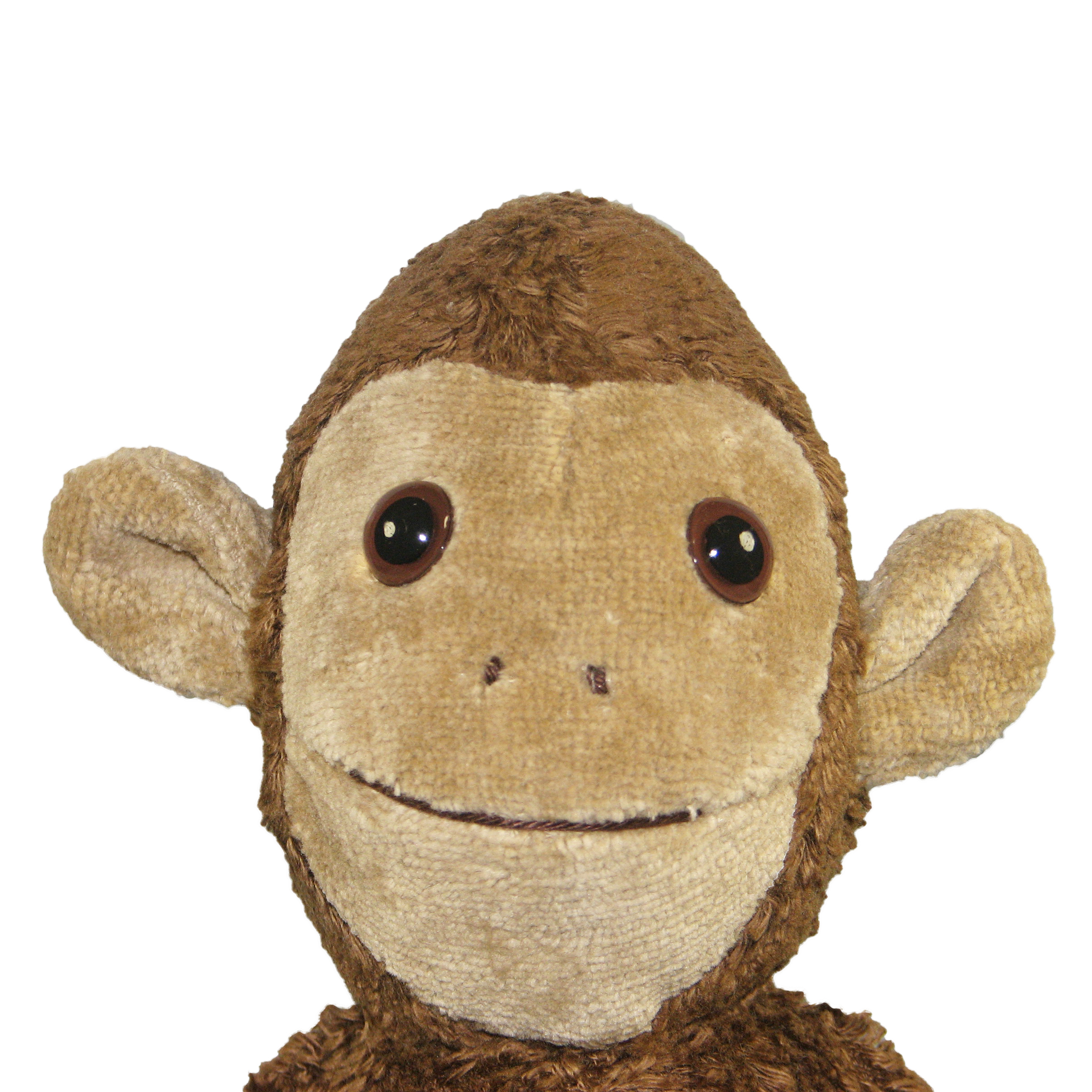 Kallisto hand puppet monkey brown, close-up of the face with dark brown fur and a light brown face