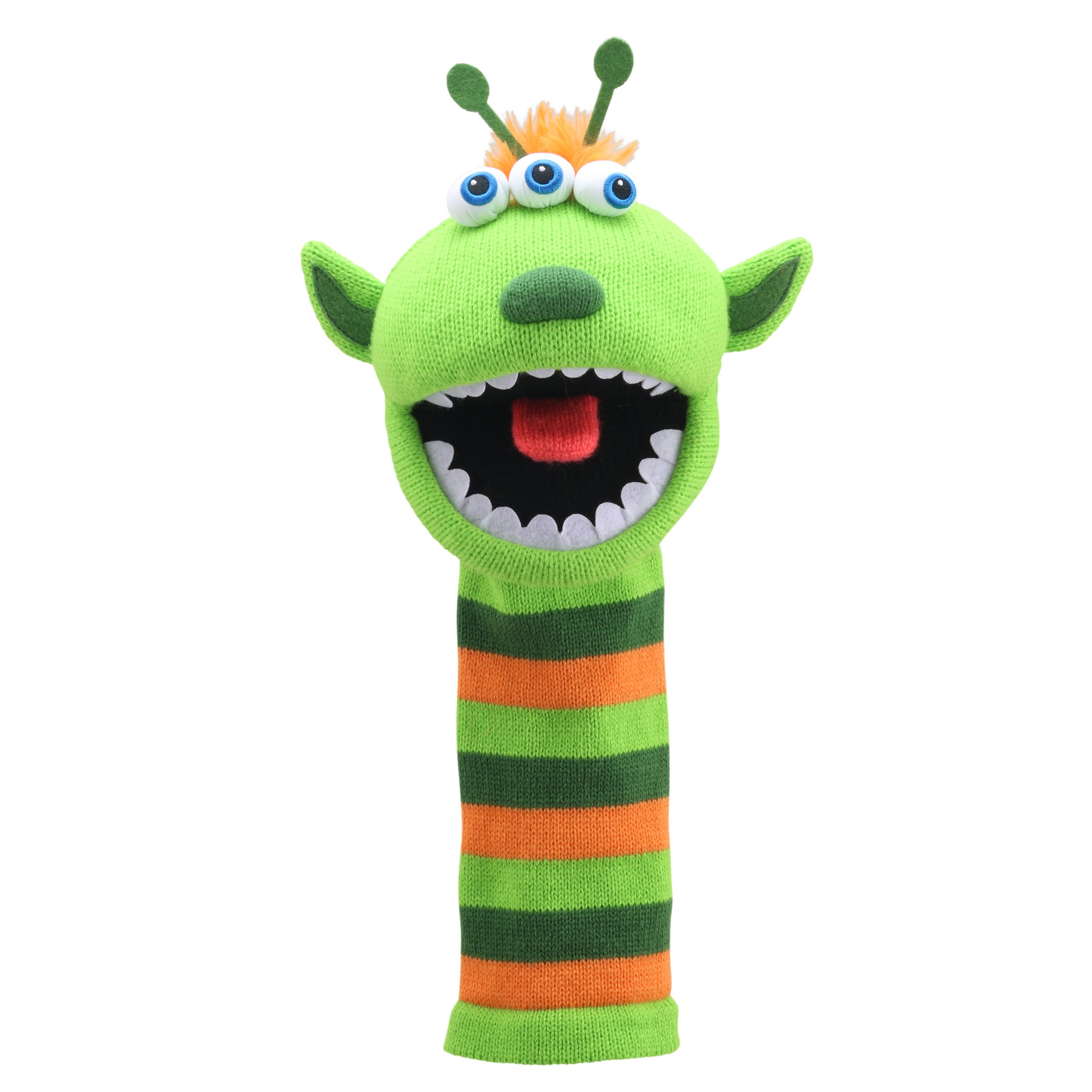 The Puppet Company sock puppet Narg, green alien monster with three eyes, antennae and pointed teeth