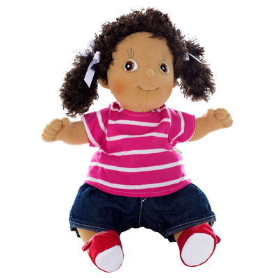 Rubens doll in a pink striped shirt with denim shorts and red booties