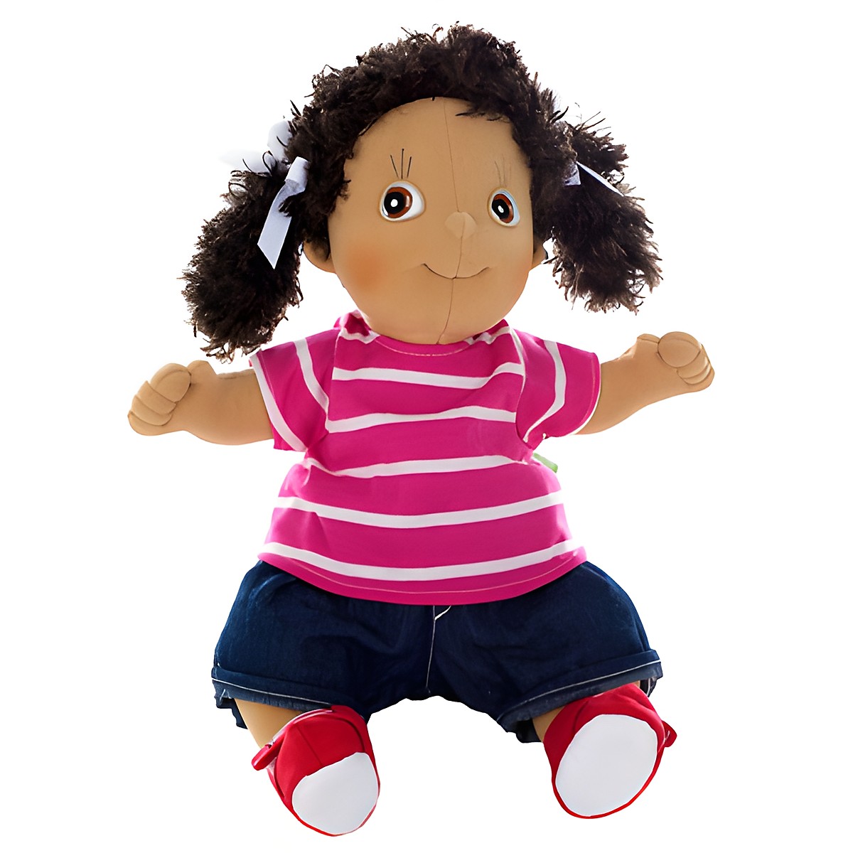 Rubens doll in a pink striped shirt with denim shorts and red booties