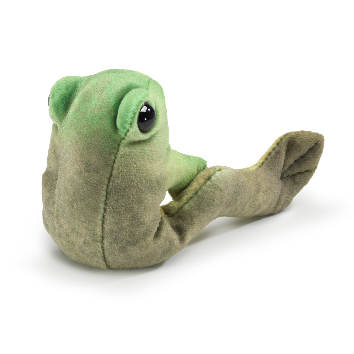 Folkmanis finger puppet mini sitting frog in green and beige with large black glass eyes, side view