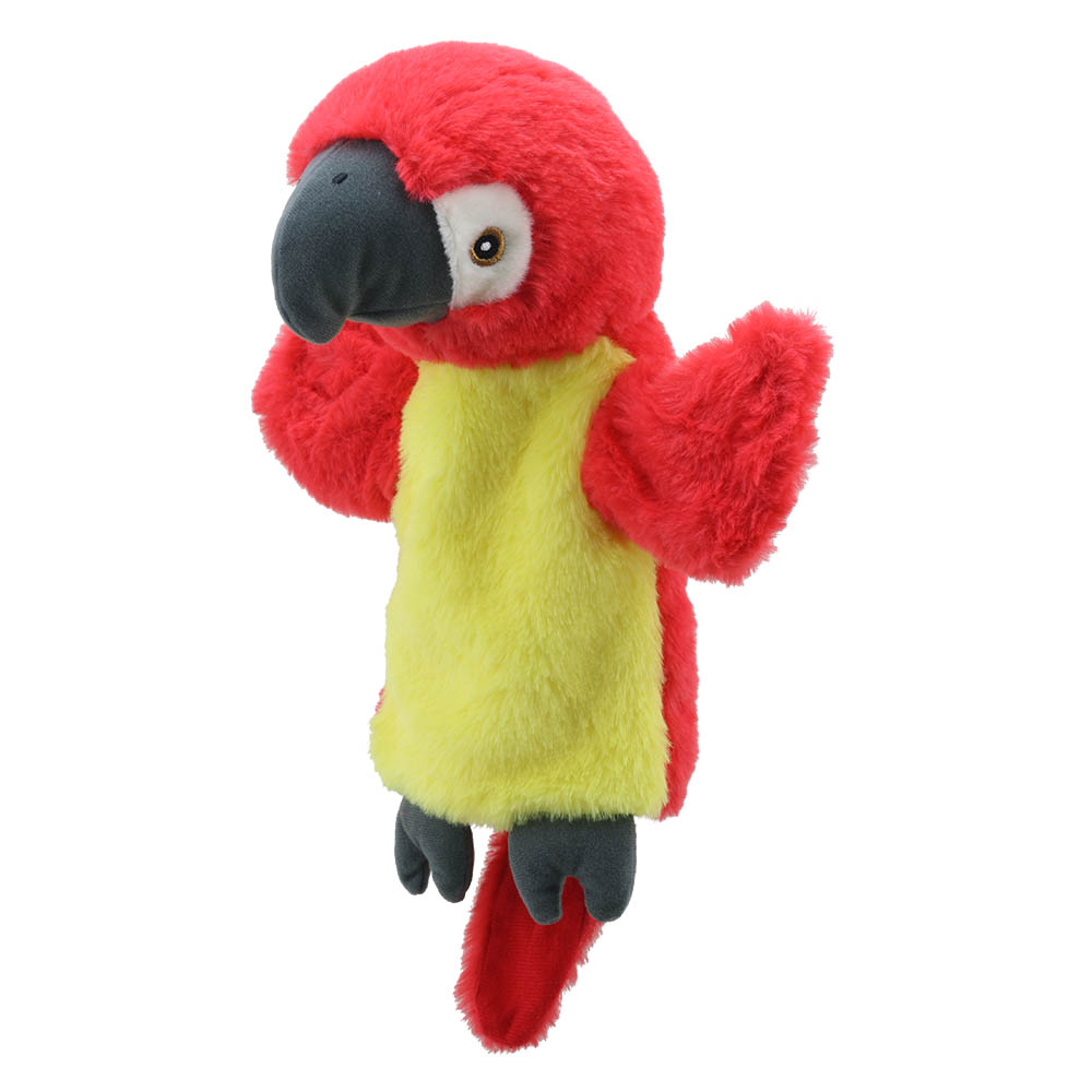 The Puppet Company baby hand puppet parrot, red macaw with a yellow chest and grey beak, front view
