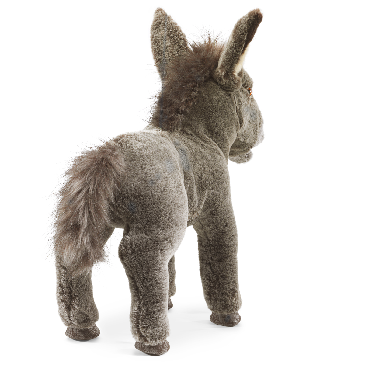 Folkmanis baby donkey hand puppet in grey plush, standing at an angle from behind, with a bushy tail and upright ears
