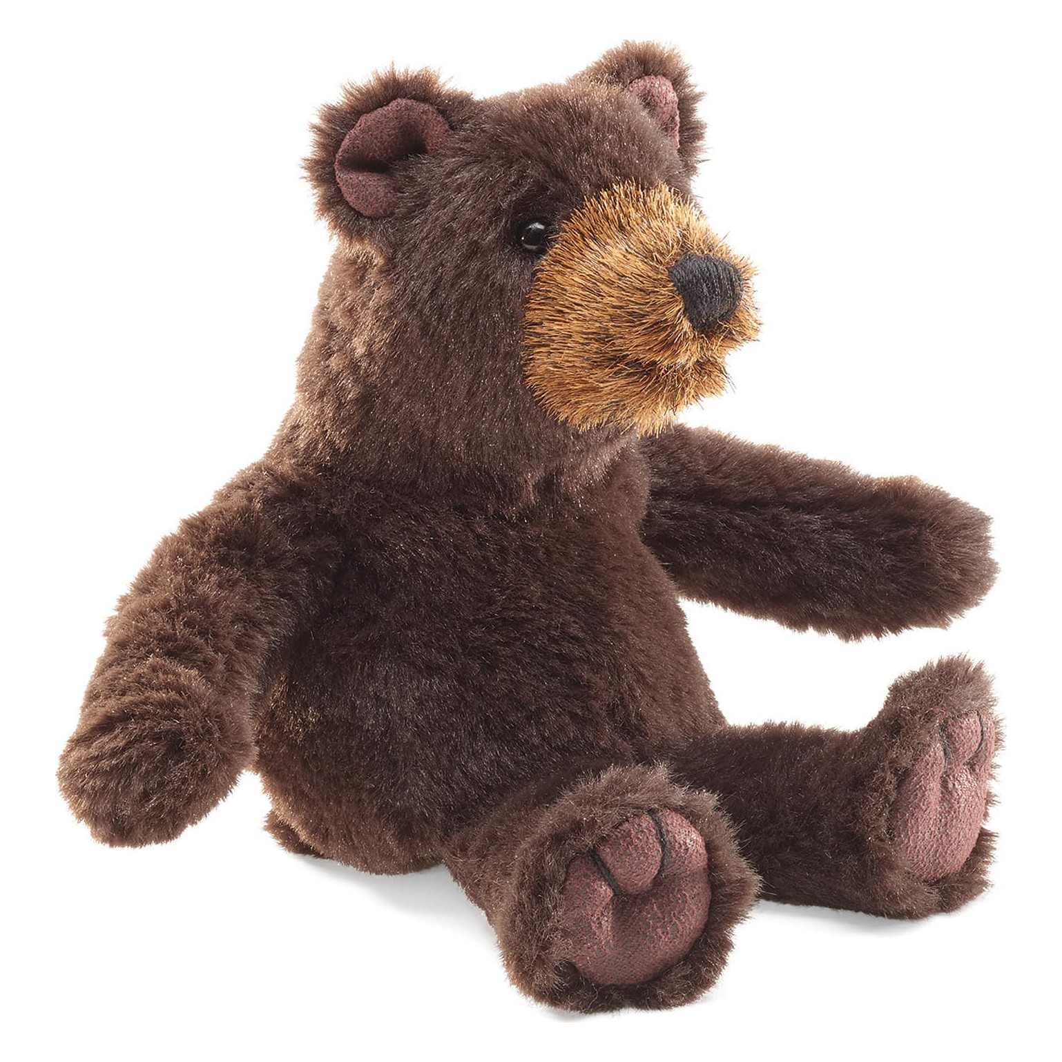 Folkmanis mini bear finger puppet in dark brown plush, sitting with a light brown face, shown from a slight angle