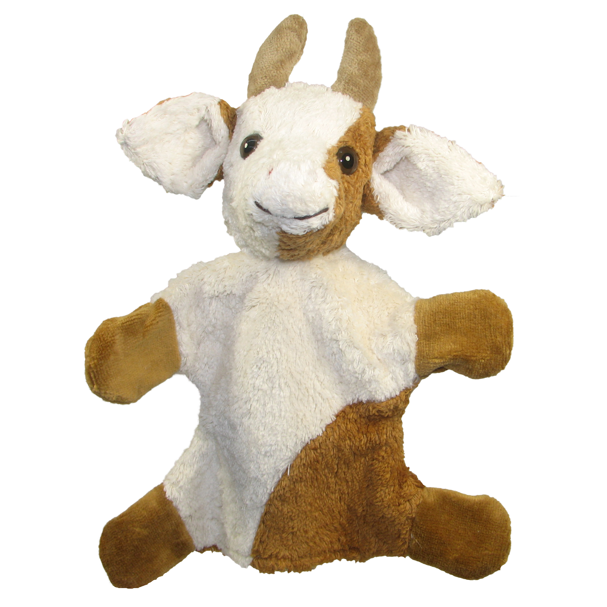 Kallisto hand puppet cow front view, brown-and-white patched natural-material puppet with horns and brown paws