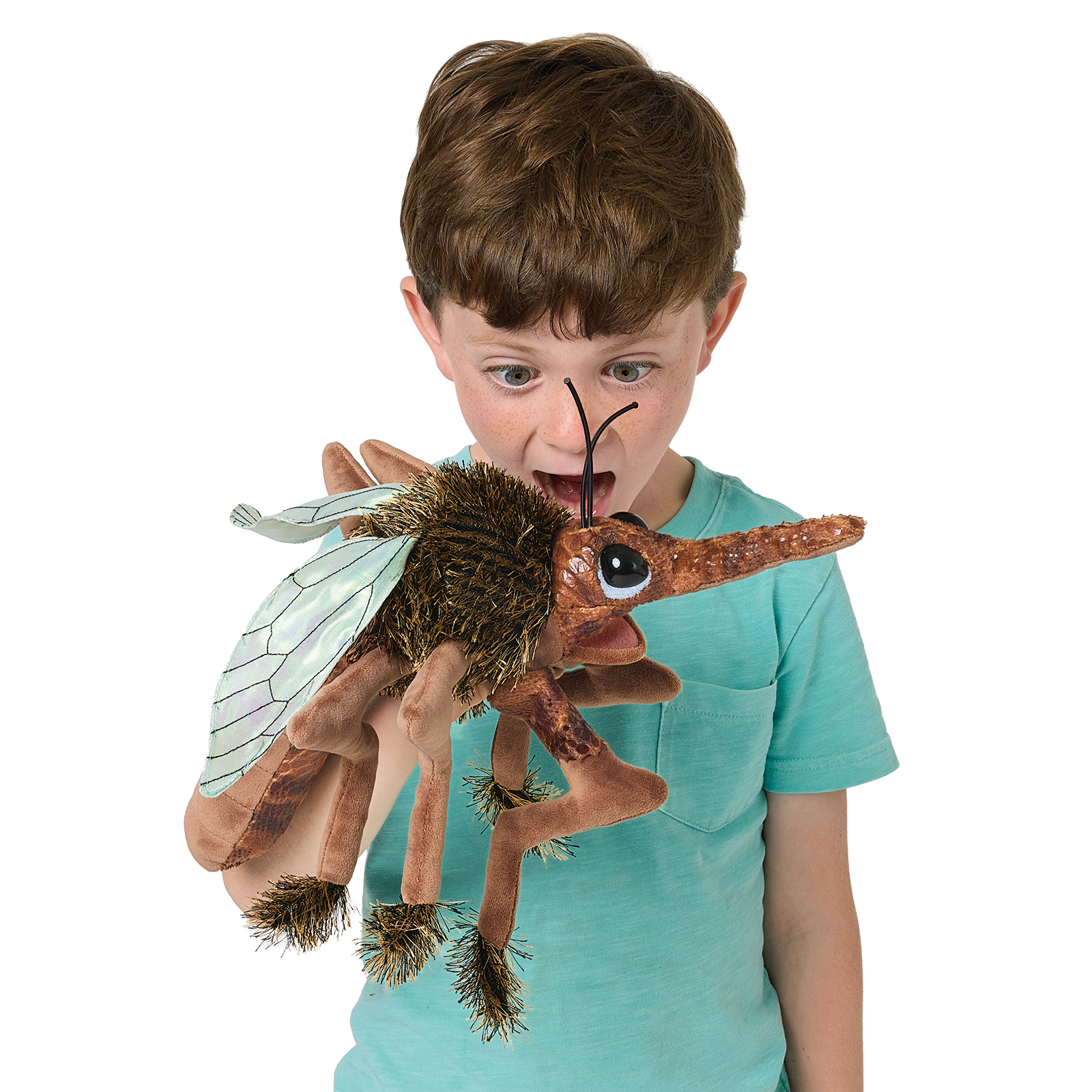 Boy demonstrating the Folkmanis mosquito hand puppet with a movable mouth, transparent wings and long legs against a white background