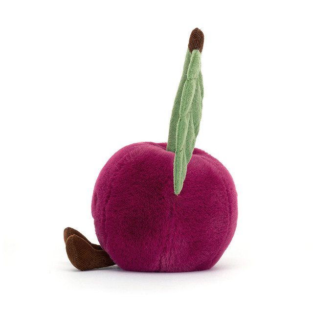 Jellycat Amuseables Cherry, pink plush figure with a green leaf stem, back view showing the brown stem end