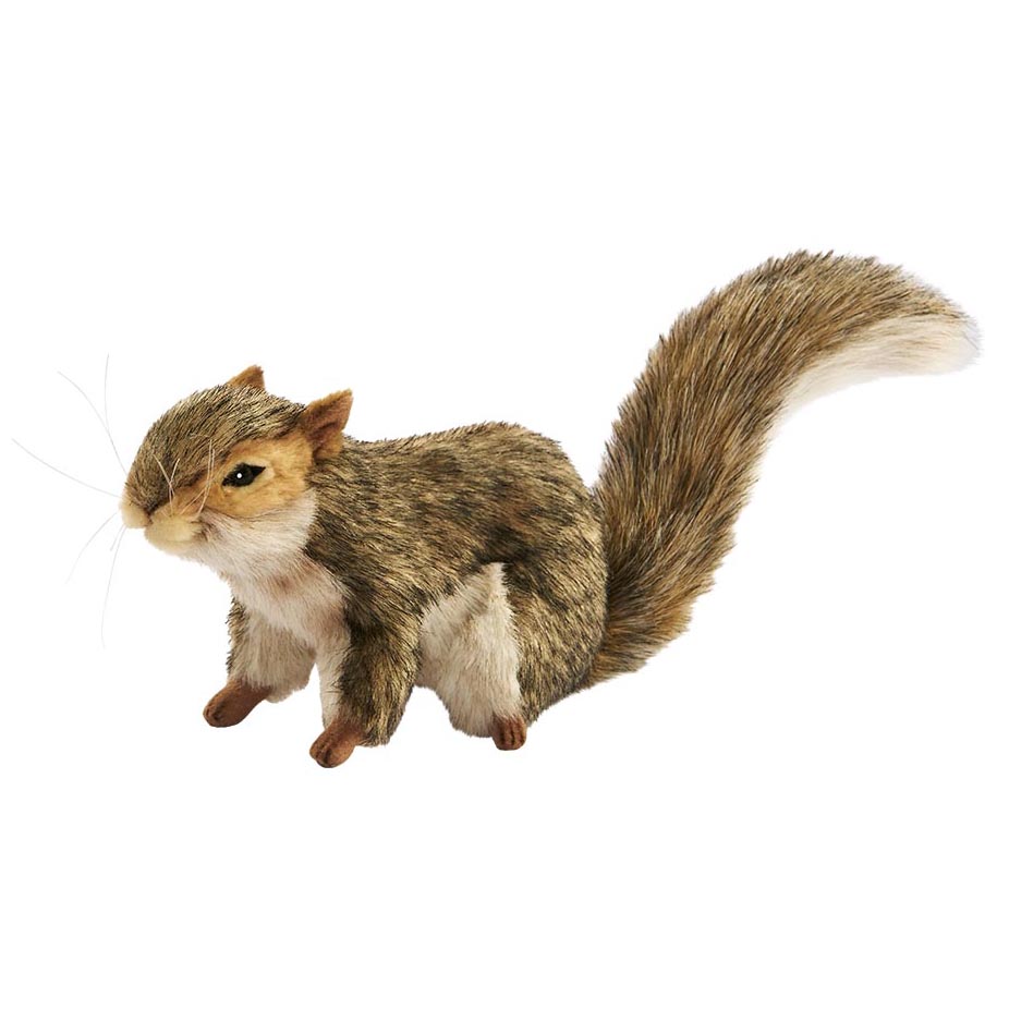 Grey squirrel by Hansa Creation as a plush figure on all fours with grey-brown fur and a bushy tail