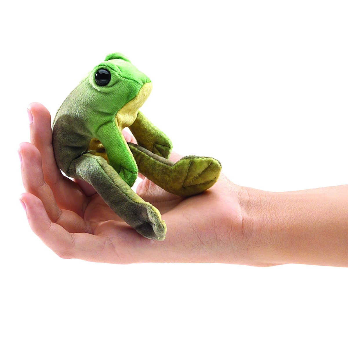 Folkmanis mini finger puppet sitting frog in green-brown, seated on an open palm, side view