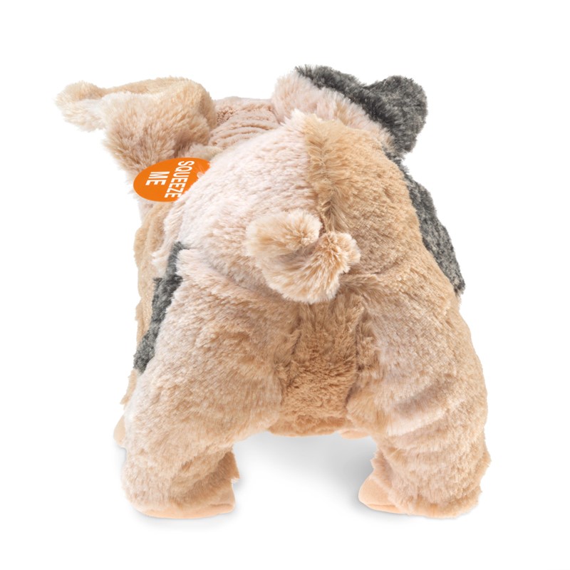 Folkmanis hand puppet grunting pig in beige-grey, rear view with orange Squeeze Me tag and short curly tail