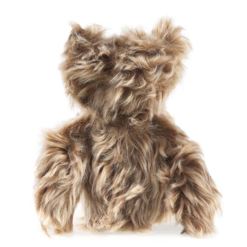 Folkmanis screech owl hand puppet with ruffled brown plumage made of long, wavy fibres, front view