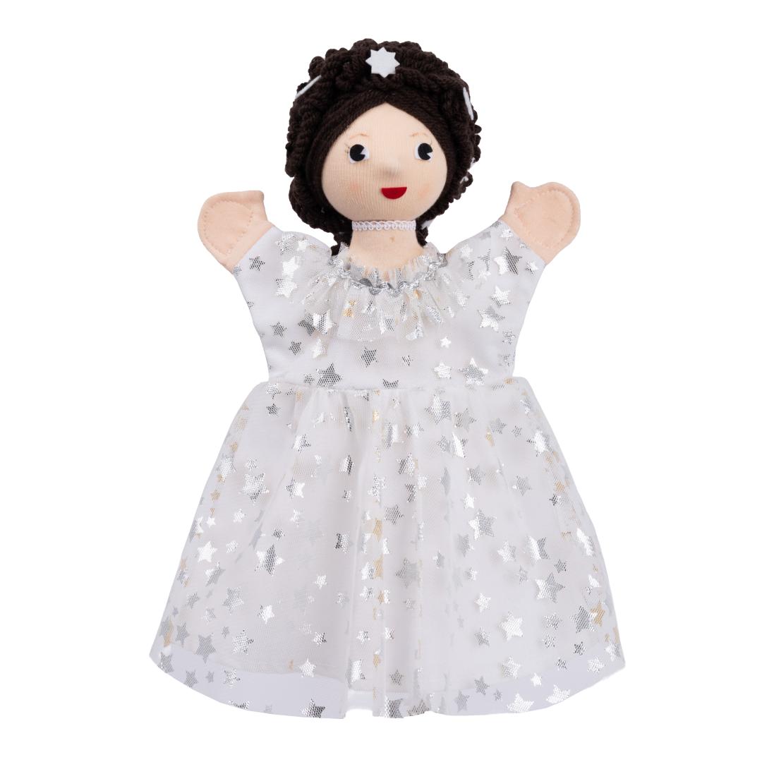 Kasperlepuppe Kaiserin Sissi von munabo mit dunkler Hochsteckfrisur und weißem Kleid mit Silbersternen
