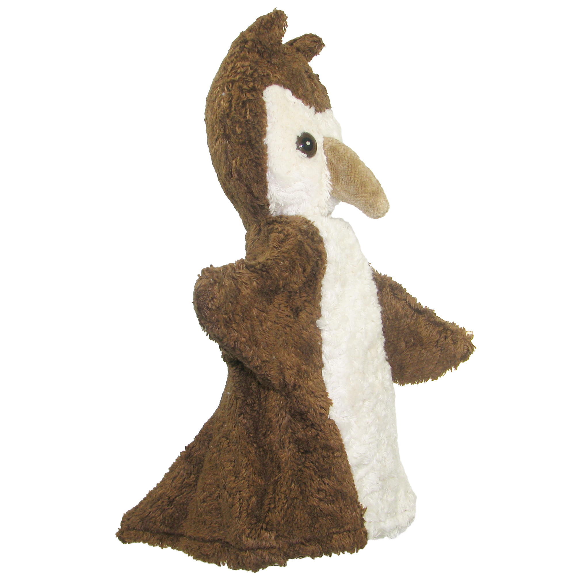 Kallisto hand puppet owl brown, side view with a light brown beak and brown fur
