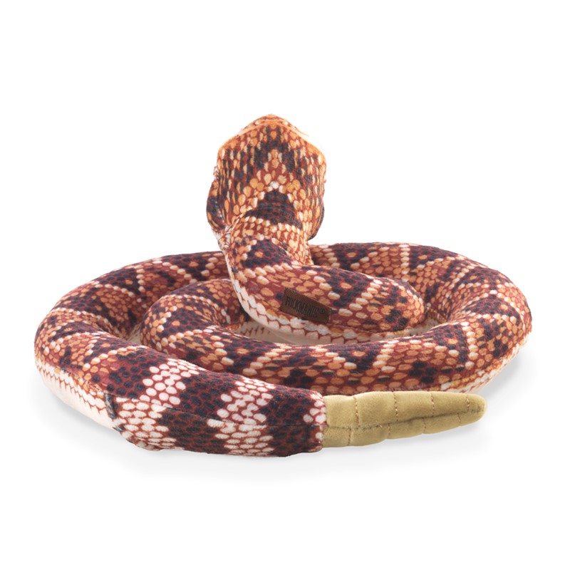 Folkmanis rattlesnake finger puppet coiled up, with a red-brown and dark-purple scale pattern and a yellow tail tip
