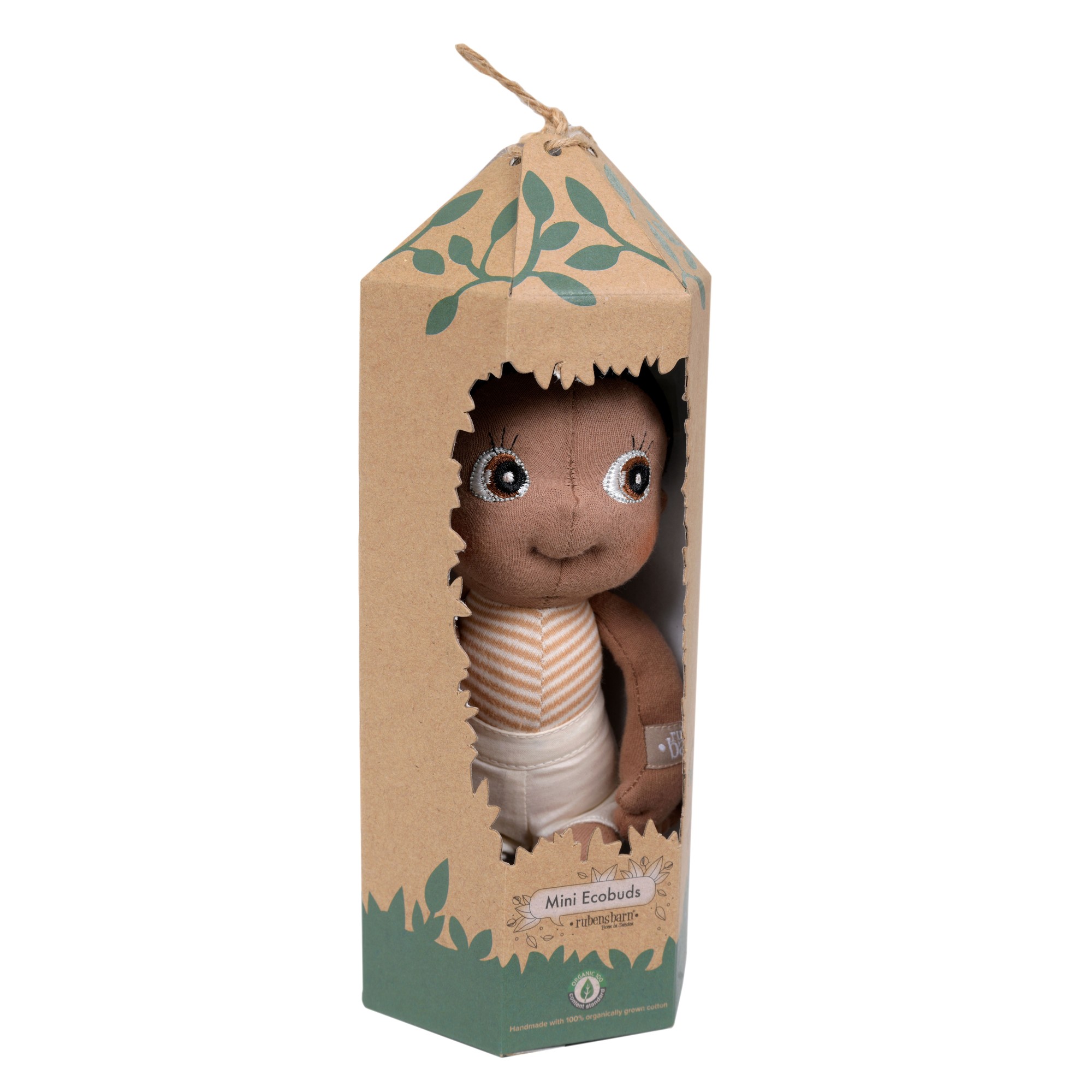 Rubens EcoBuds mini doll Basil in the natural cardboard packaging