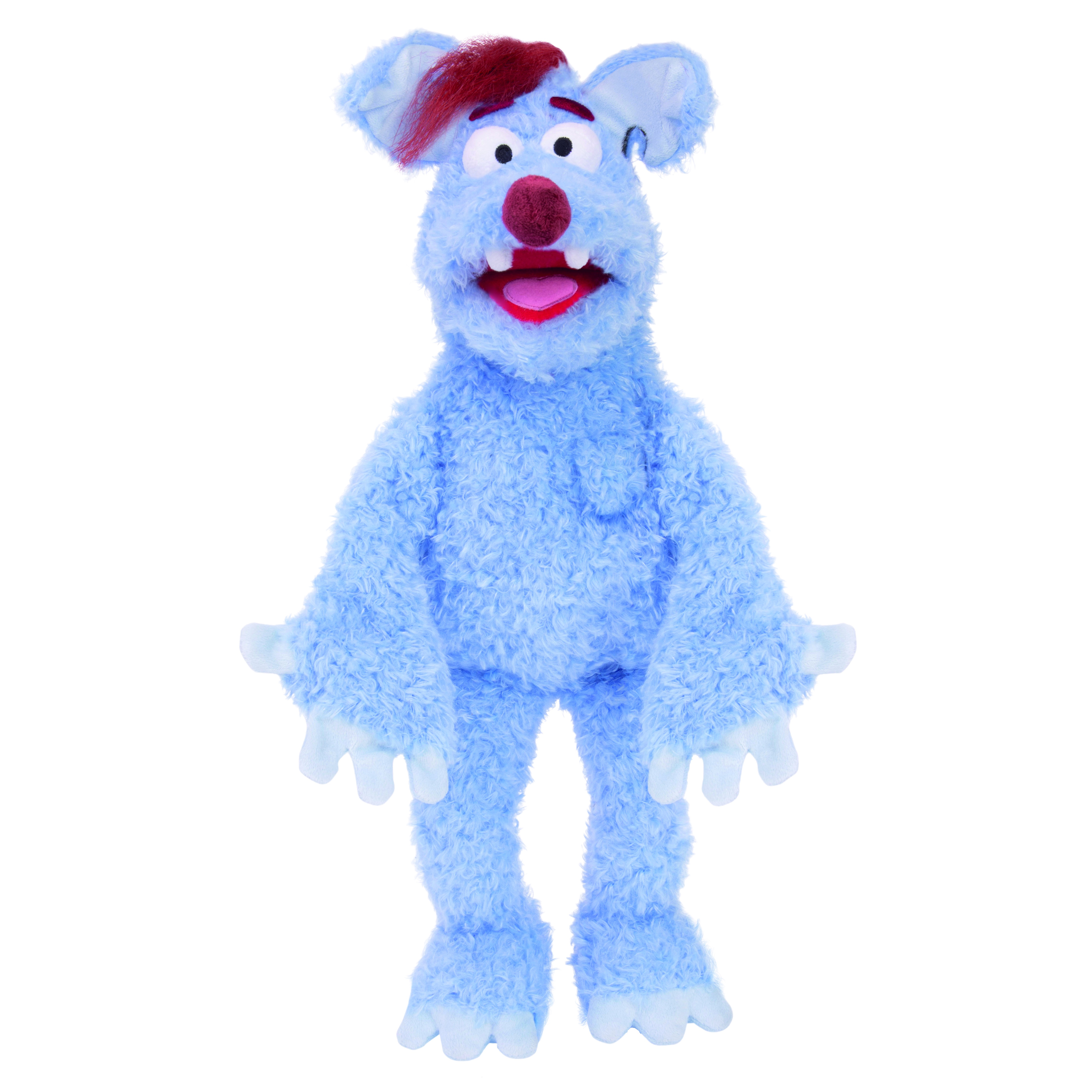 Living Puppets hand puppet Woozle from Woozle Goozle, light blue furry creature with a red tuft of hair, a red nose and visible teeth, 60 cm, standing