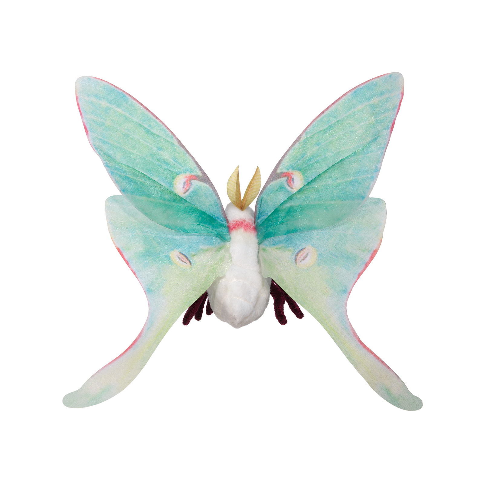 Folkmanis mini luna moth finger puppet with teal-green wings, pink trim, white body and dark legs, front view