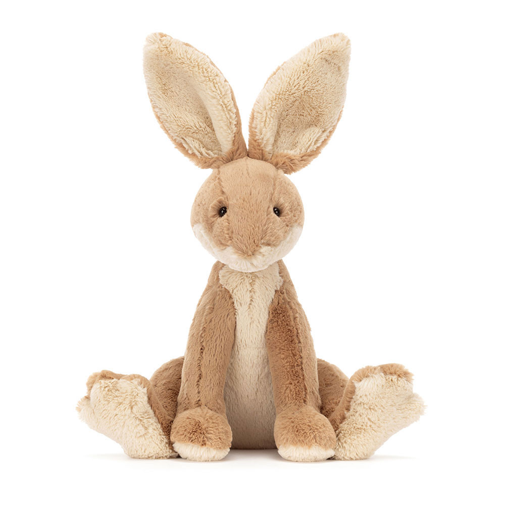 Jellycat plush toy hare Horticus Hare, sand-coloured plush toy with long upright ears, front view
