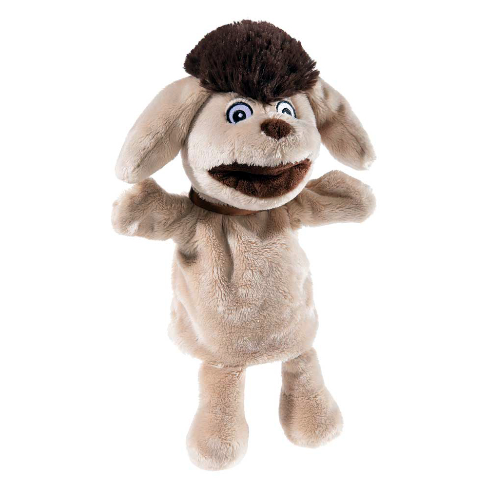 Heunec hand puppet dog Moppi, beige plush puppet with brown hair tuft, floppy ears and open mouth