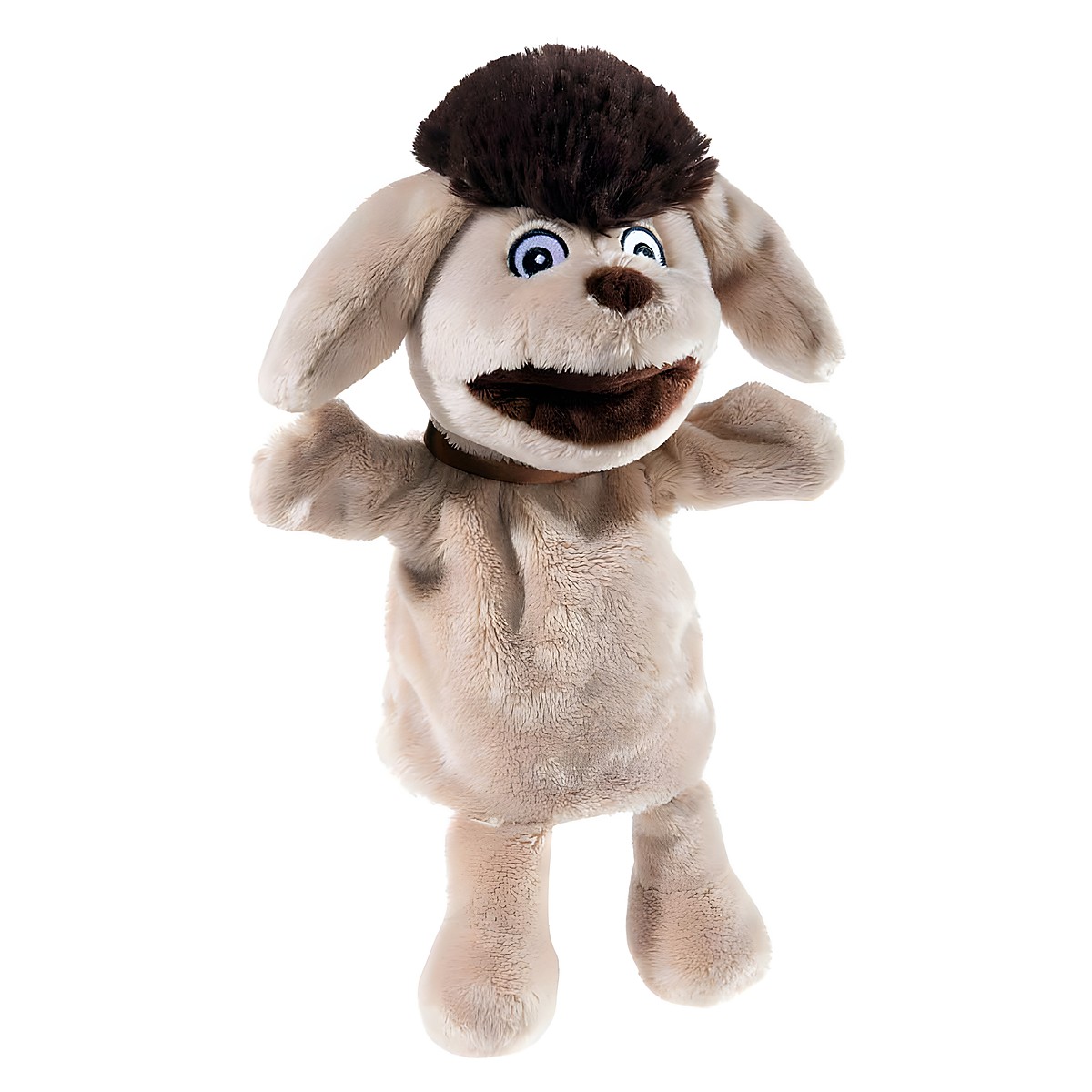 Heunec Handpuppe Hund Moppi, beige Plueschpuppe mit braunem Haarschopf, Schlappohren und geoeffnetem Maul