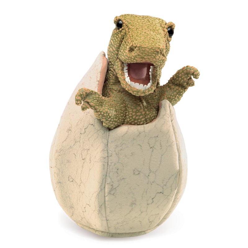 Folkmanis hand puppet baby dinosaur in egg: green dinosaur hatchling with open mouth emerging from a beige plush egg