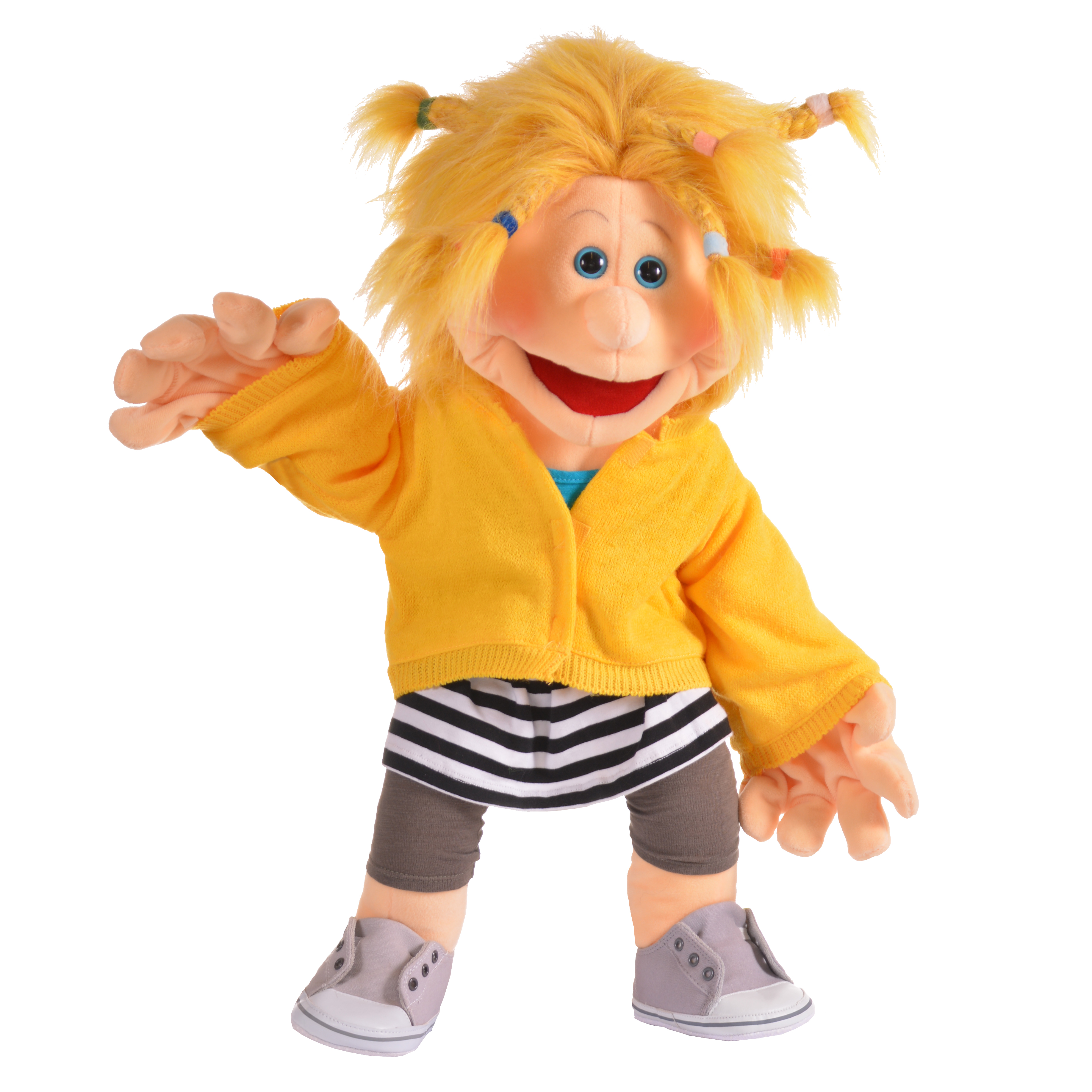 Living Puppets Handpuppe Mirka mit blonden Zöpfchen in gelber Strickjacke, gestreiftem Rock und grauen Leggings, winkend