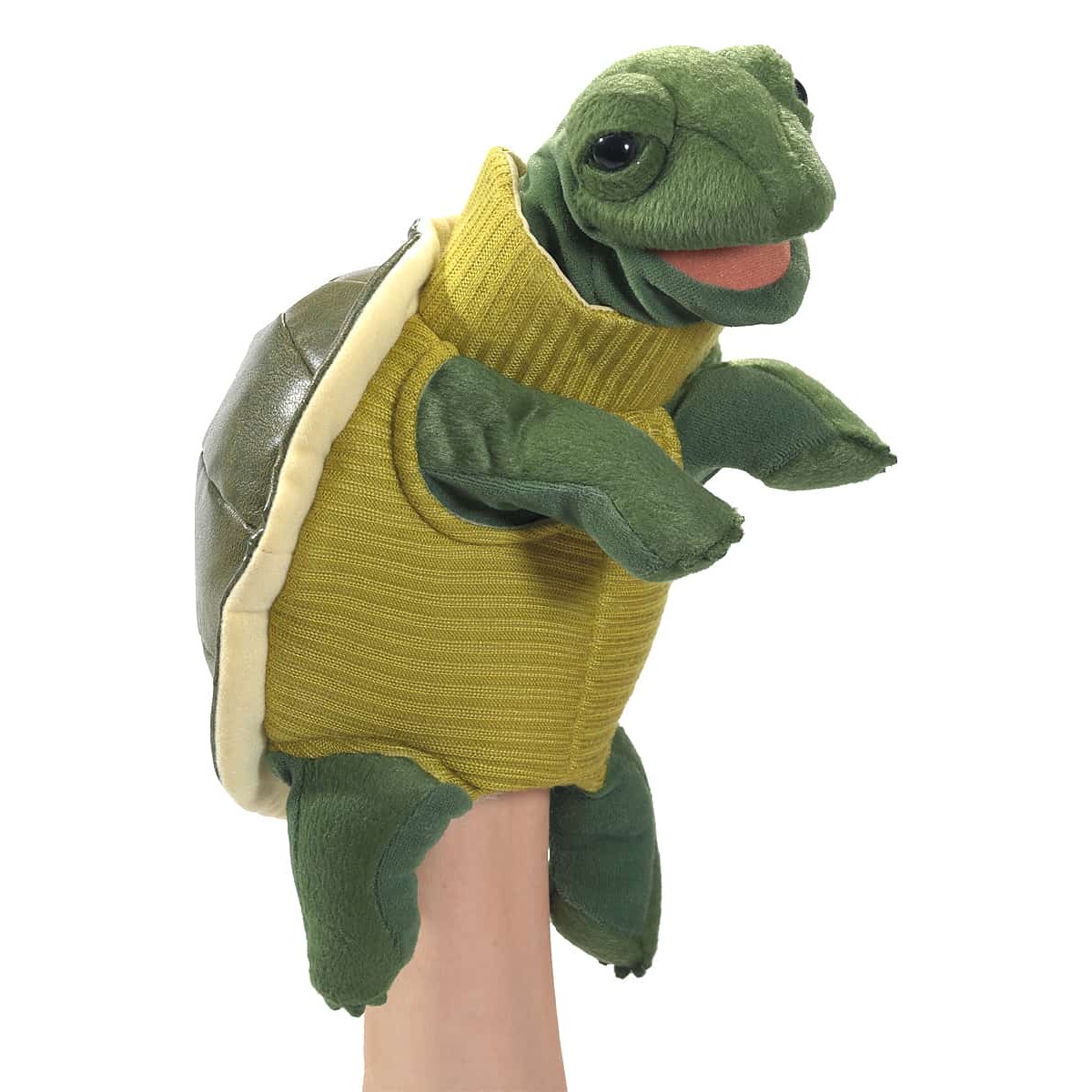 Folkmanis Handpuppe Schildkröte mit gelbem Rollkragenpullover, auf einer Hand geführt, Seitenansicht