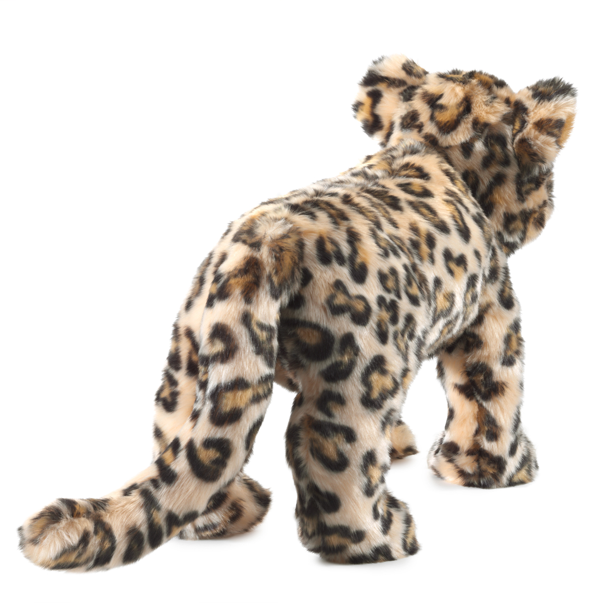 Folkmanis leopard cub hand puppet seen from behind, beige plush fur with black rosette spots, standing pose