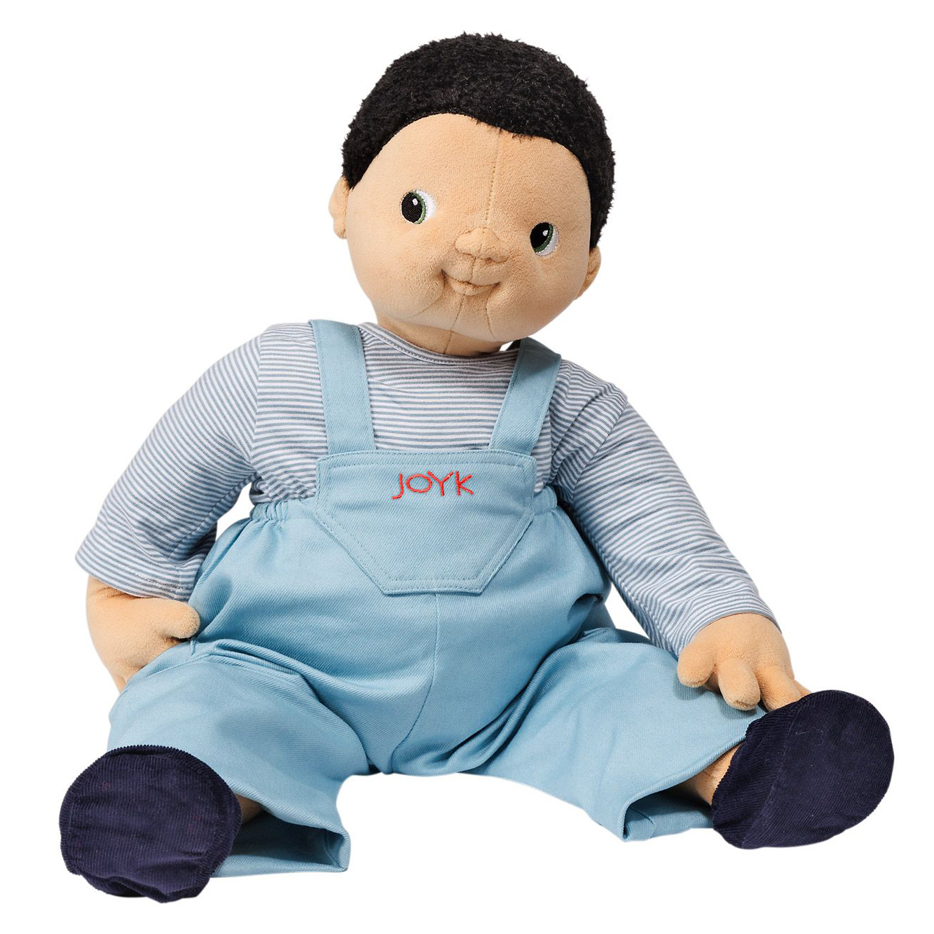 Joyk empathy doll Antonio with dark hair, striped shirt and light blue dungarees, sitting