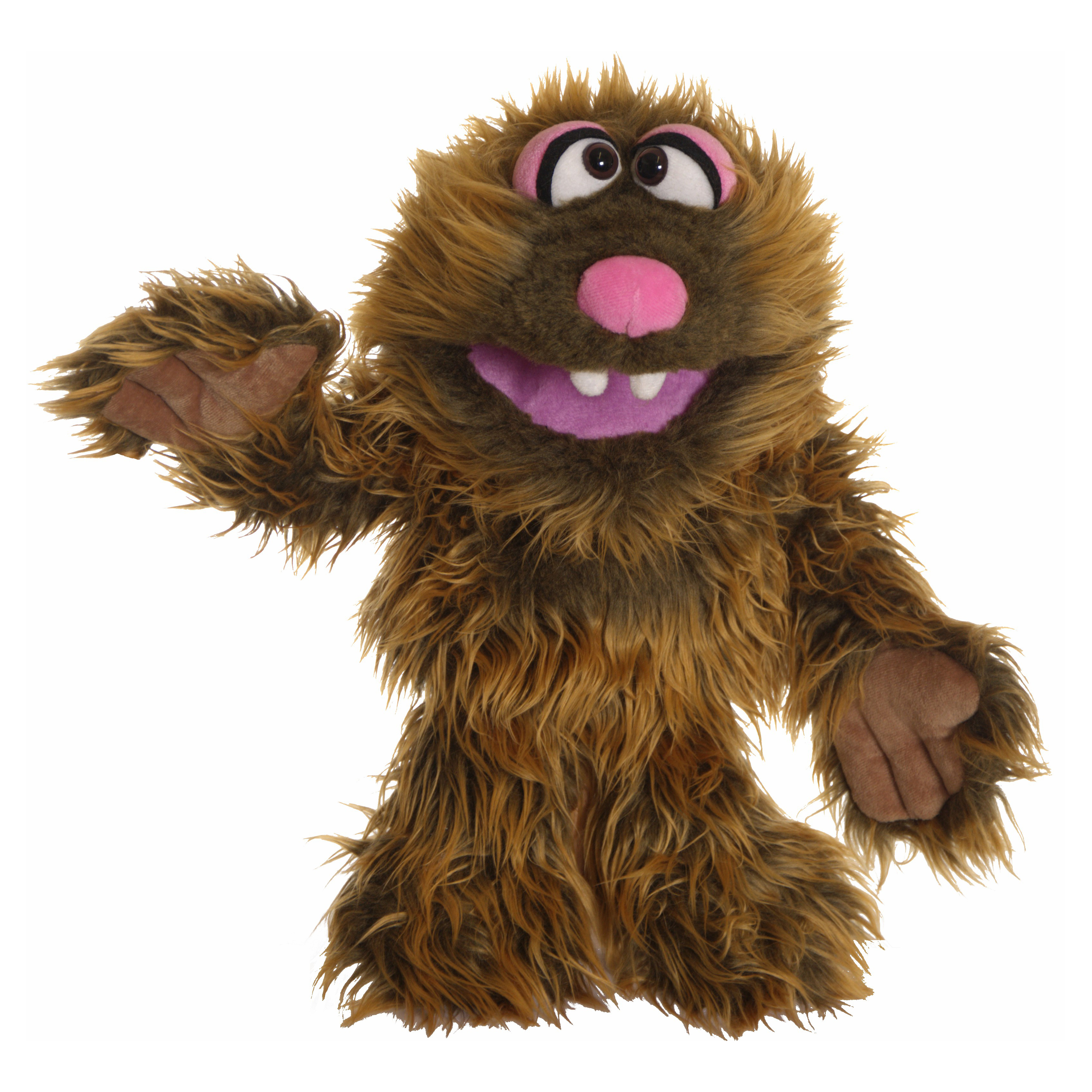 Living Puppets hand puppet Zoff from the Monster to go series, brown shaggy monster with a pink nose and visible teeth, waving