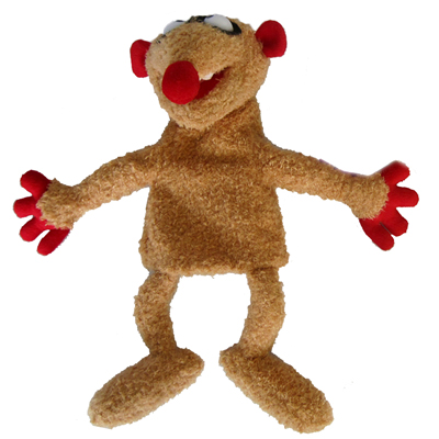 Heunec hand puppet meerkat Henry, beige plush character with outstretched arms and red paws, front view