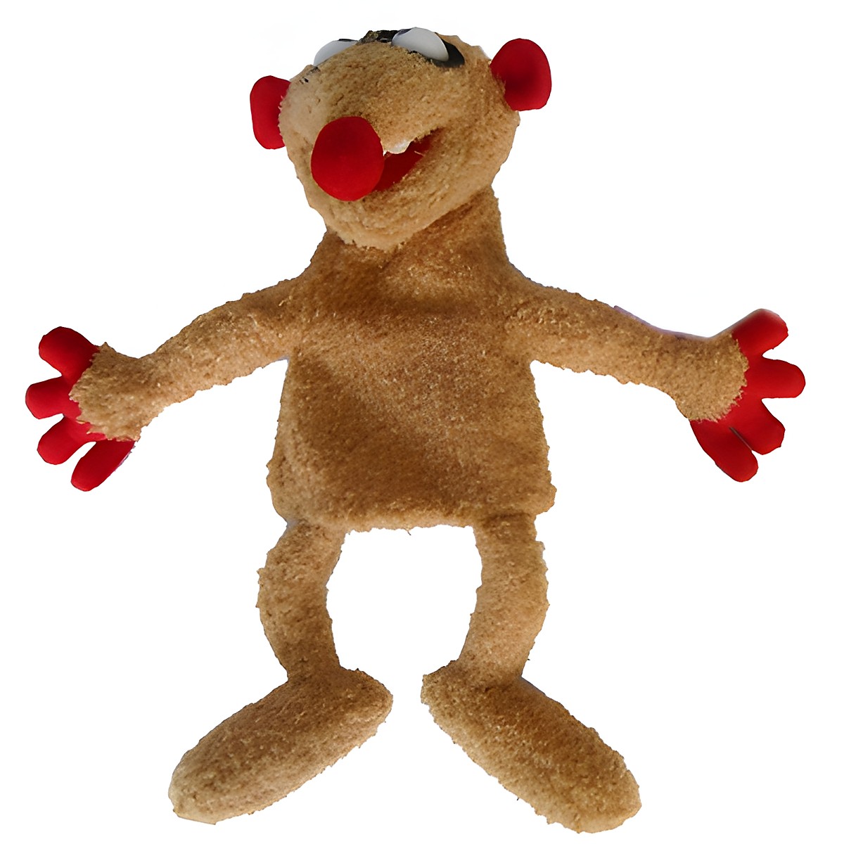Heunec hand puppet meerkat Henry, beige plush character with outstretched arms and red paws, front view