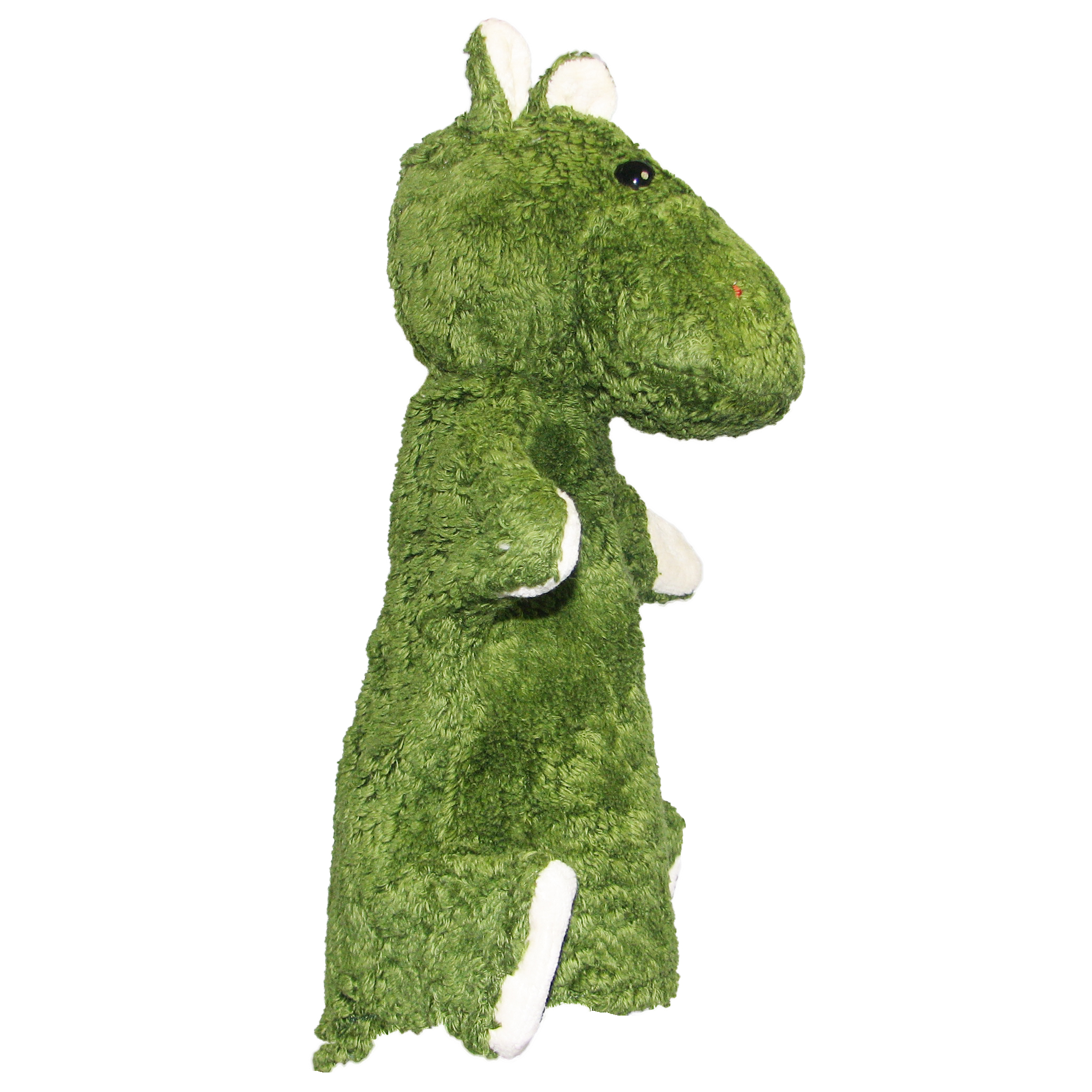 Kallisto hand puppet hippo green side view, green natural-material puppet with cream-coloured paws and a round head
