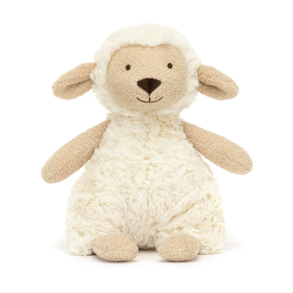 Jellycat plush toy lamb Lollie Lamb, sitting cream-coloured plush toy, looking forward