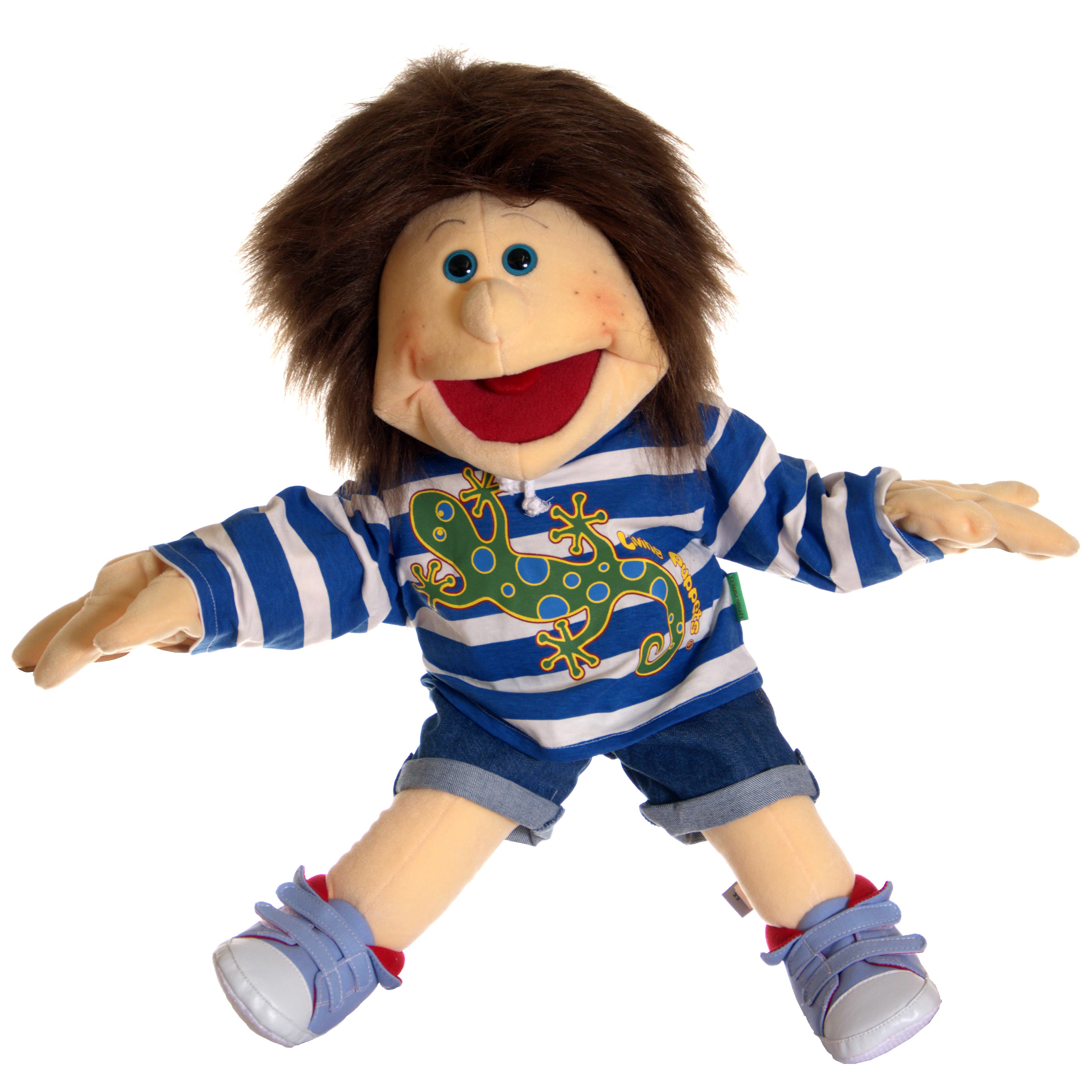 Living Puppets hand puppet Jupp in a striped shirt with gecko applique and denim shorts