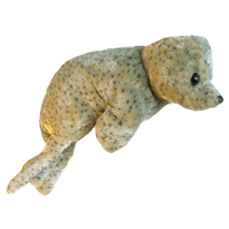 Folkmanis Handpuppe Seehund in beige-grauem Plüsch mit dunklen Flecken, schwarzem Auge, Seitenansicht