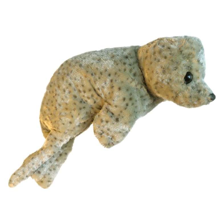 Folkmanis Handpuppe Seehund in beige-grauem Plüsch mit dunklen Flecken, schwarzem Auge, Seitenansicht