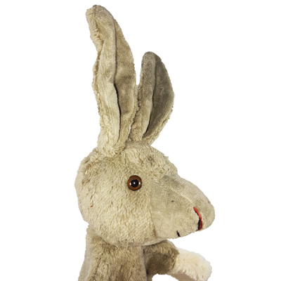 Kallisto hand puppet hare, close-up of the face with long ears and a pink nose