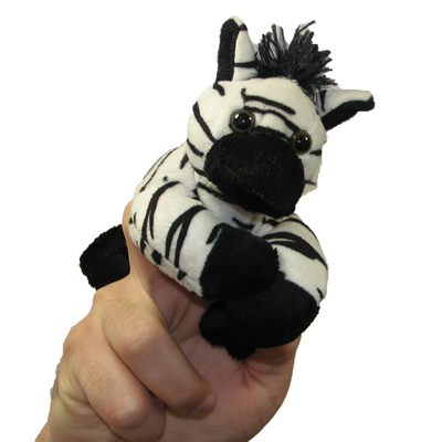 The Puppet Company finger puppet zebra, black and white zebra on a hand, close-up view