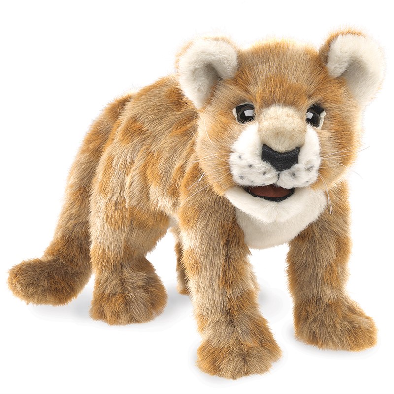 Folkmanis African Lion Cub hand puppet in golden-brown plush, standing, with a cream-coloured face and movable mouth, angled view
