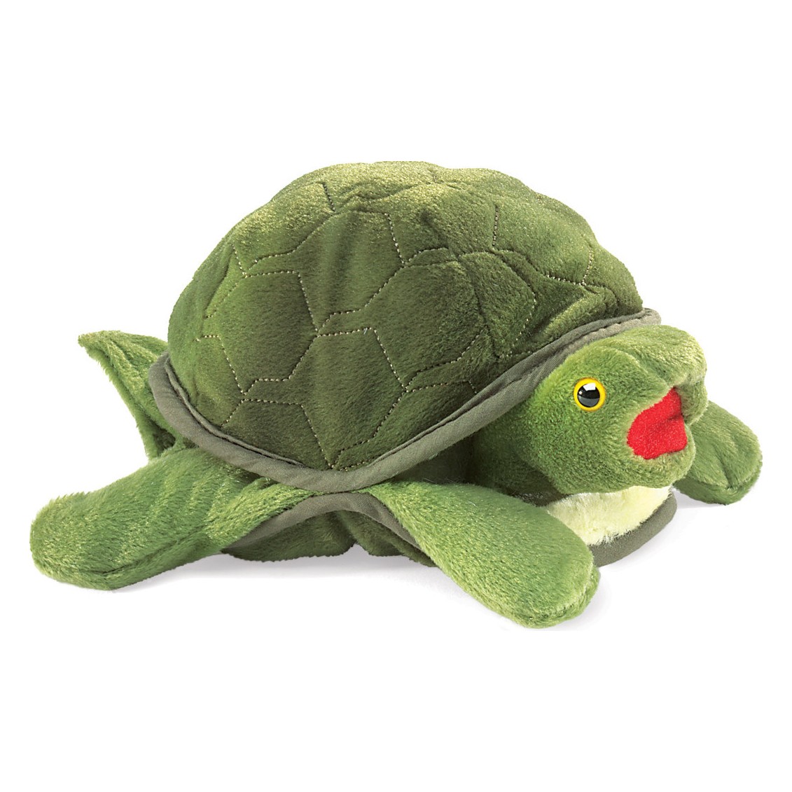 Folkmanis Handpuppe Baby Schildkröte in Grün mit gestepptem Panzer und rotem Maul, Seitenansicht