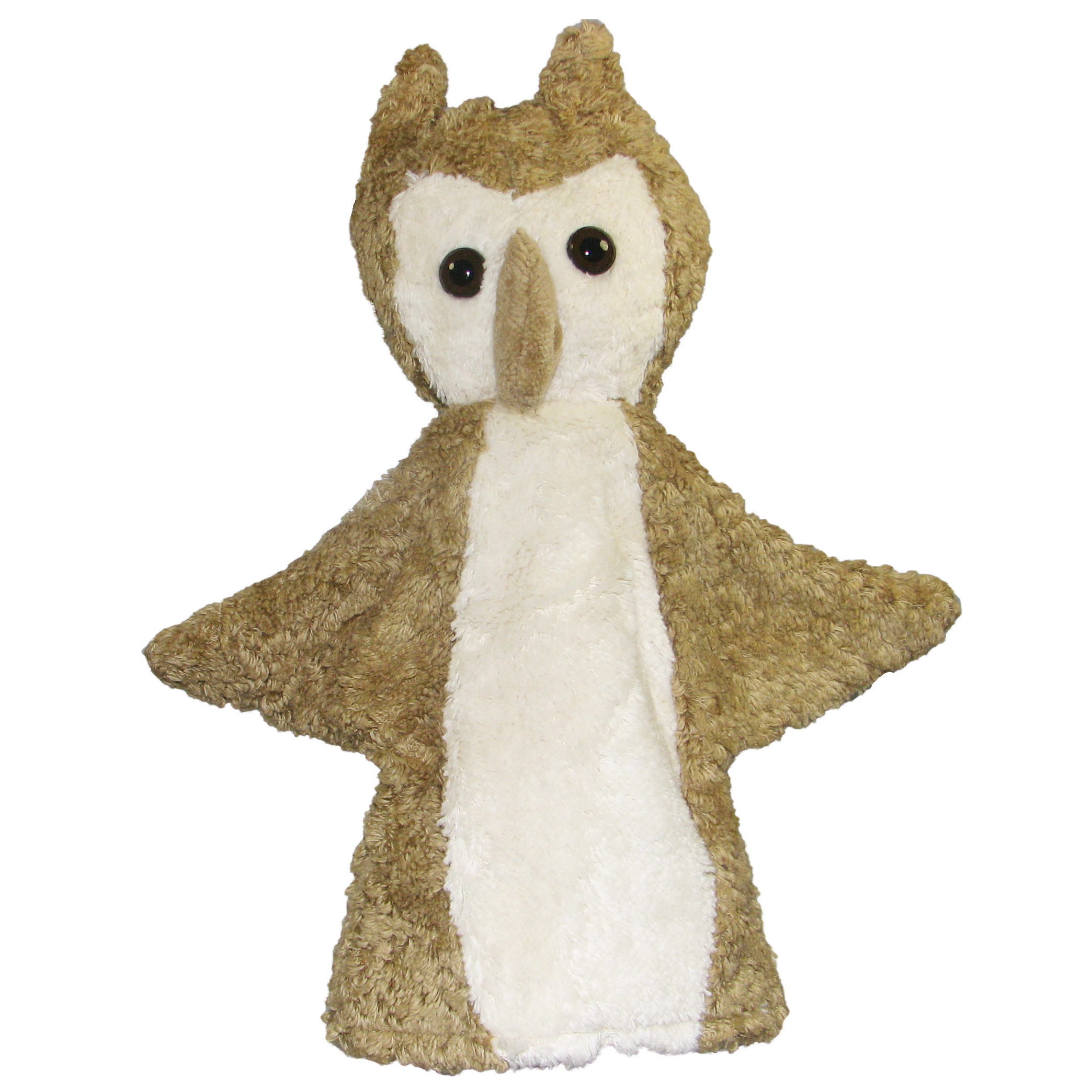 Kallisto hand puppet owl beige, front view with spread wings and a cream belly