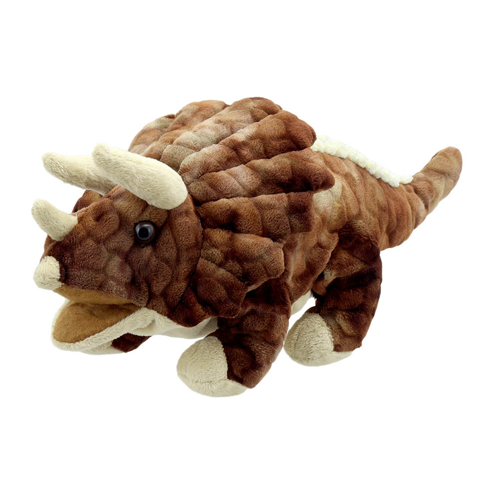 The Puppet Company Baby Triceratops Dinosaurier-Handpuppe, braune Handpuppe mit drei Hörnern und Nackenschild