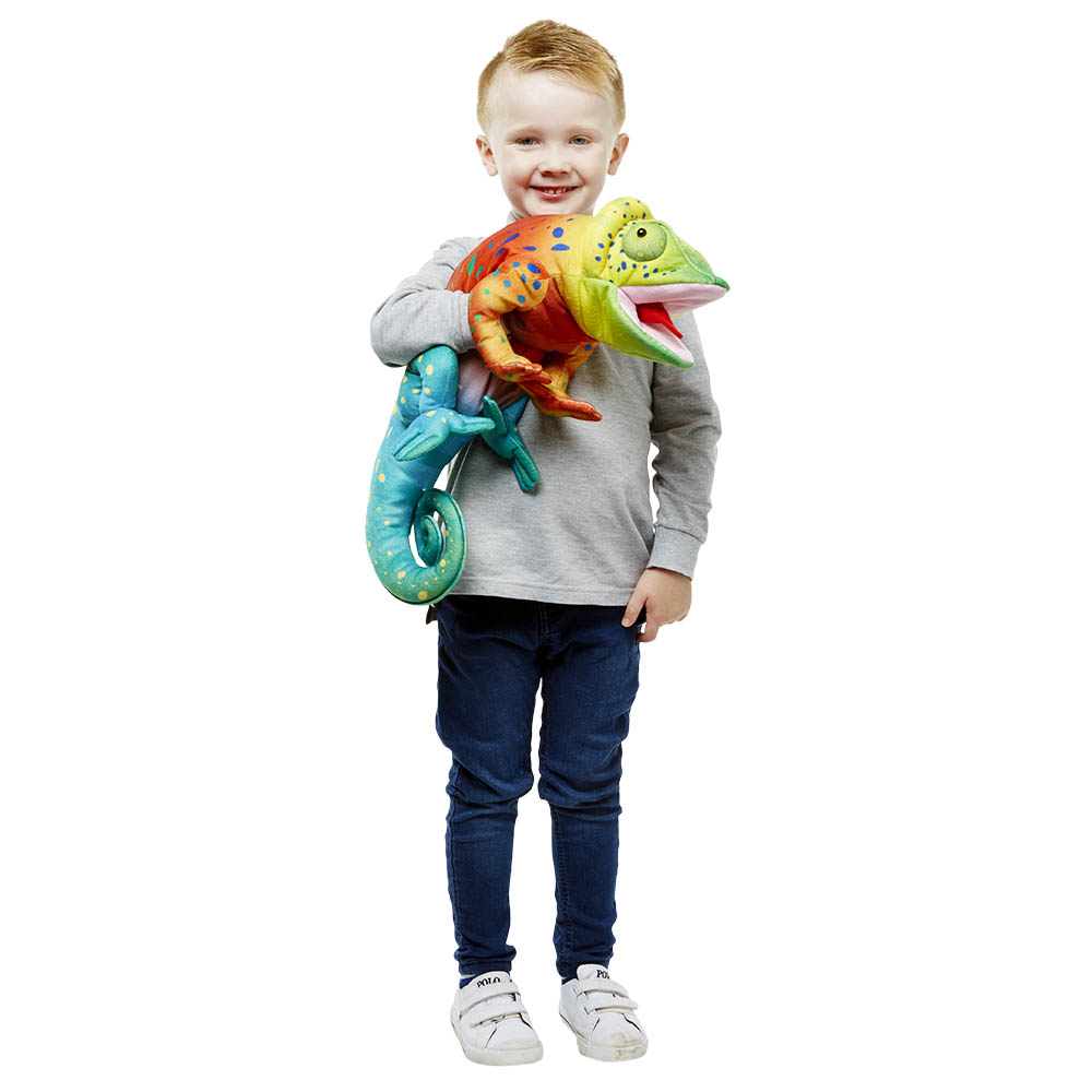 Boy holding the The Puppet Company large chameleon hand puppet on his arm, usage example