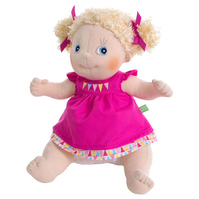 Rubens Kids doll Linnea with blond curls and a pink dress with bunting embroidery