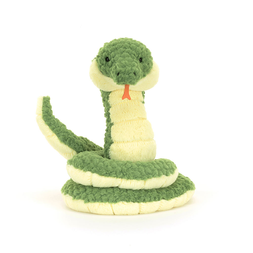 Jellycat plush toy snake Cizi Snake, green and yellow coiled plush toy with a red tongue, raised up, front view