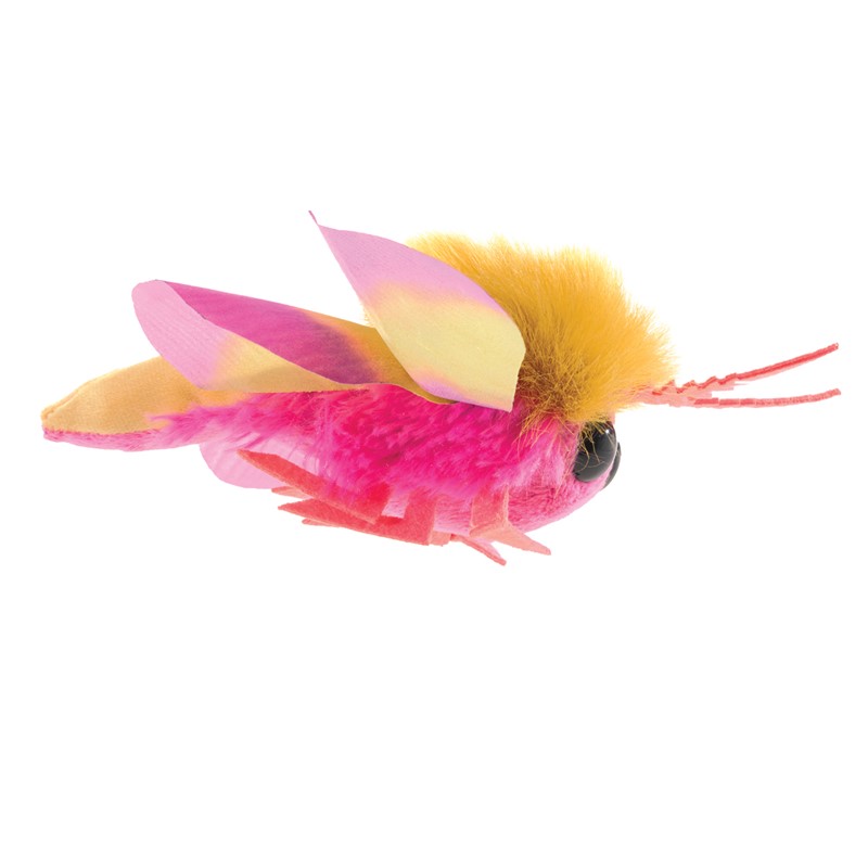 Folkmanis mini Rosy Maple Moth finger puppet in hot pink with a yellow furry head and semi-transparent wings, side view