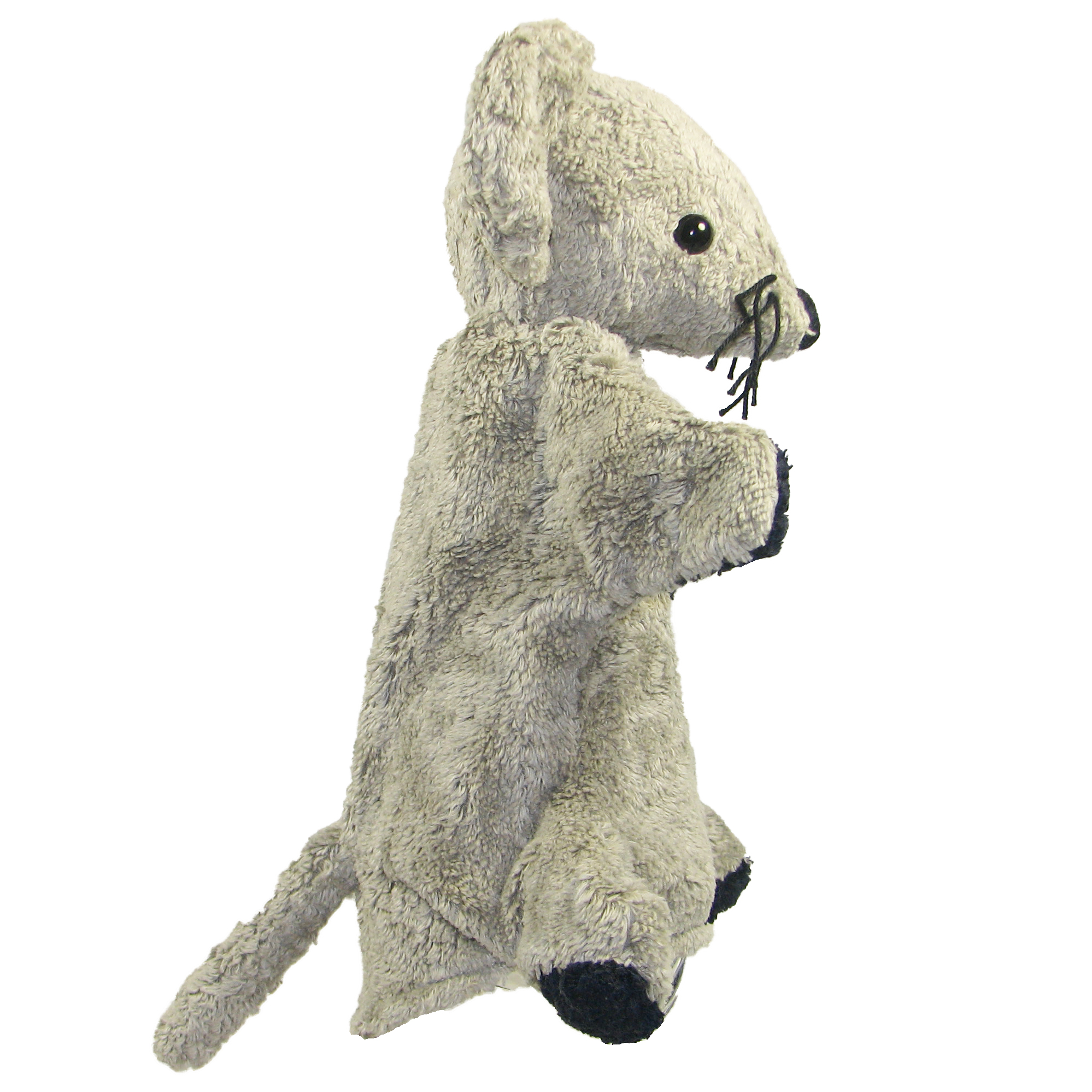Kallisto hand puppet mouse grey side view, grey natural-material puppet with a long tail and dark paws